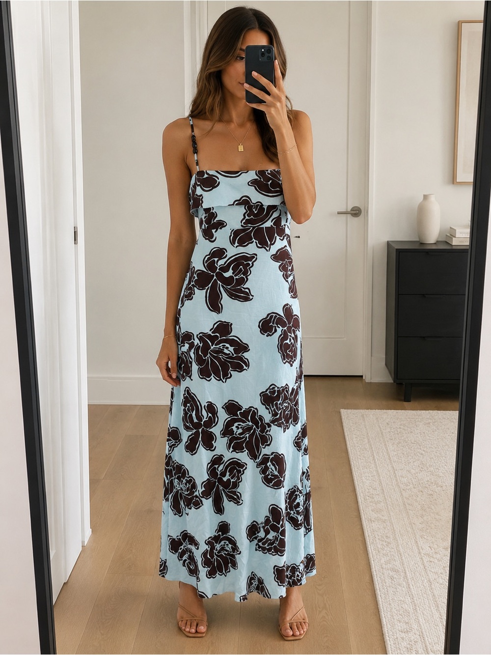 Paper Heart Blue & Brown Floral Maxi Dress – Size Large – NWT